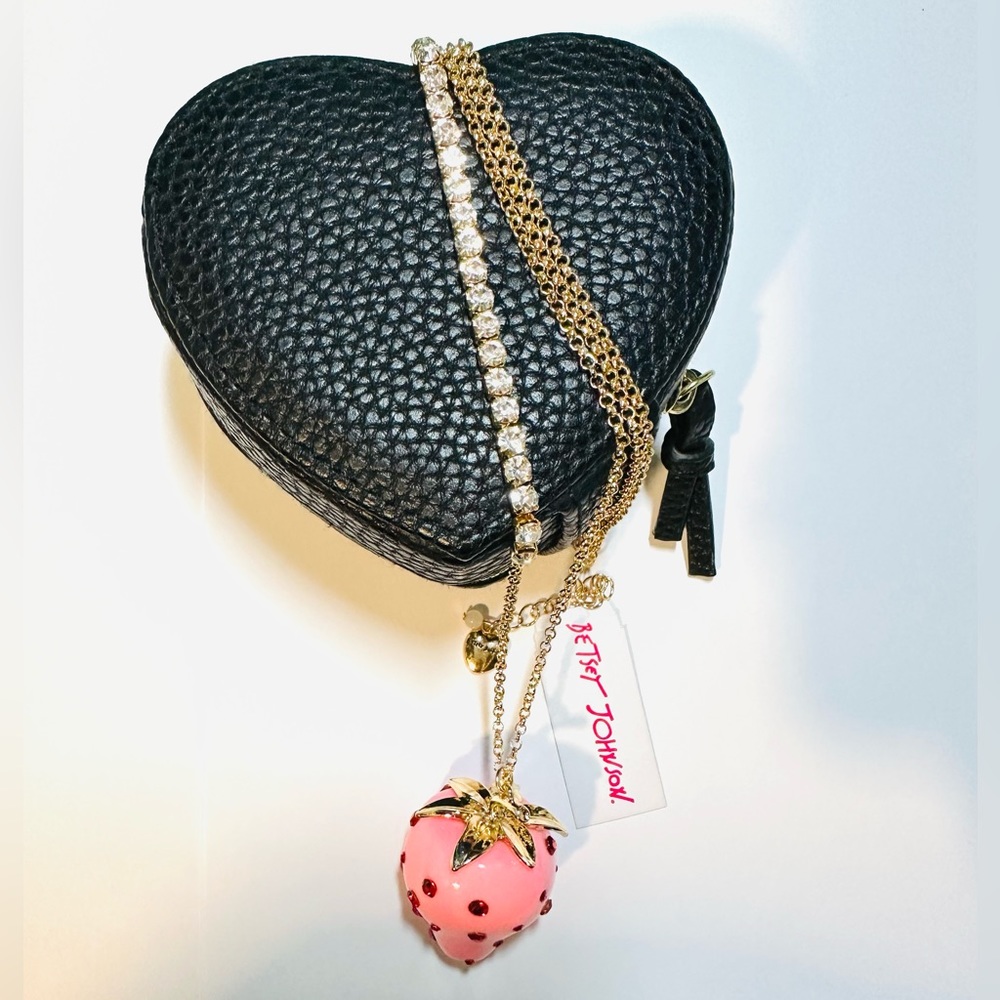 NWT Betsey Johnson Pink & Gold Strawberry Rhinestone Long Necklace